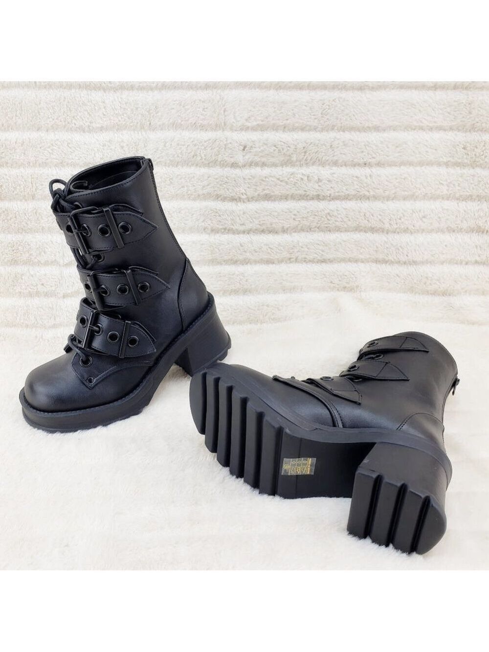 Bratty Goth 3 Big Buckle Strap Block Heel Combat Ankle Boots Punk Rock - Picture 10 of 15